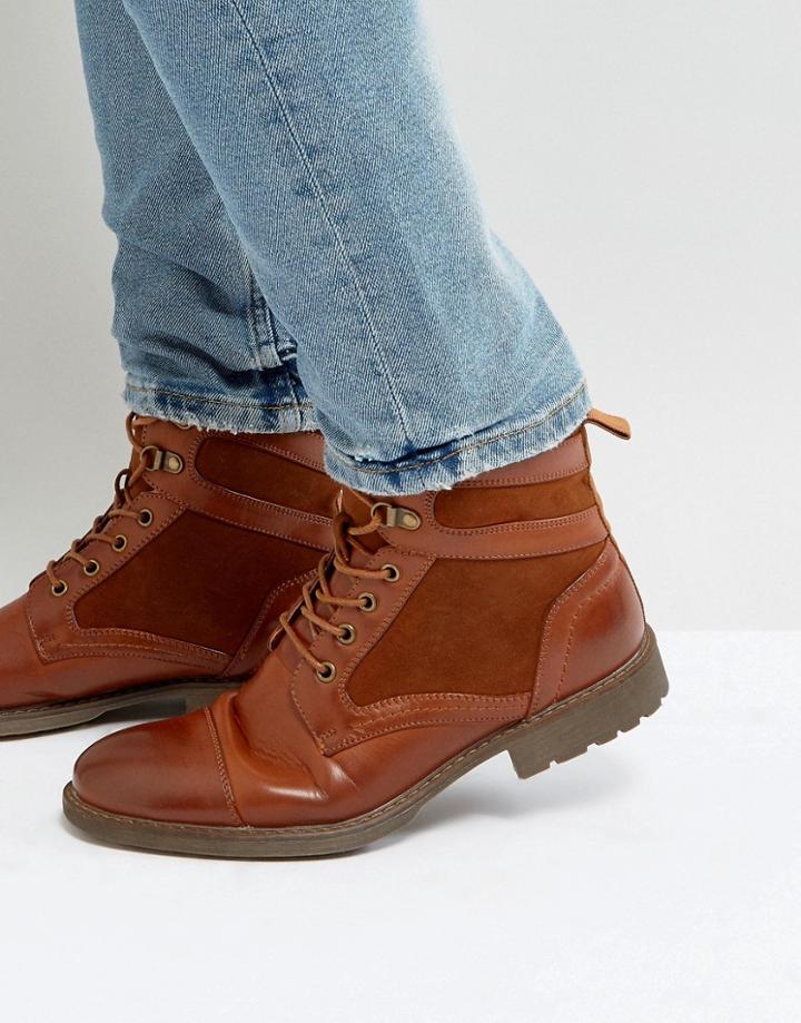 Asos Lace Up Boots In Tan Faux Leather With Faux Suede Detail - Tan