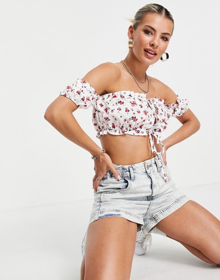 Parisian Off Shoulder Crop Top Set In Floral Print-white
