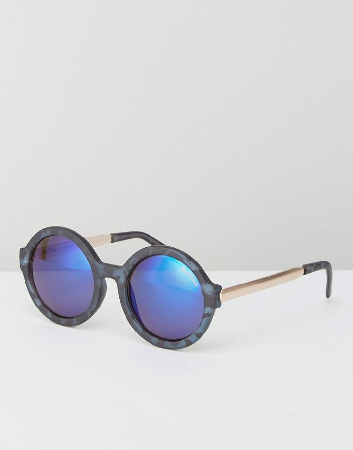 Black Phoenix Round Matte Sunglasses With Blue Mirror Lens - Blue