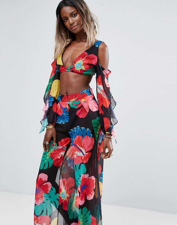 Missguided Cold Shoulder Tie Sleeve Floral Crop Top - Black