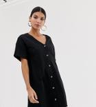Asos Design Tall Mini Slub Button Through Swing Dress - Black