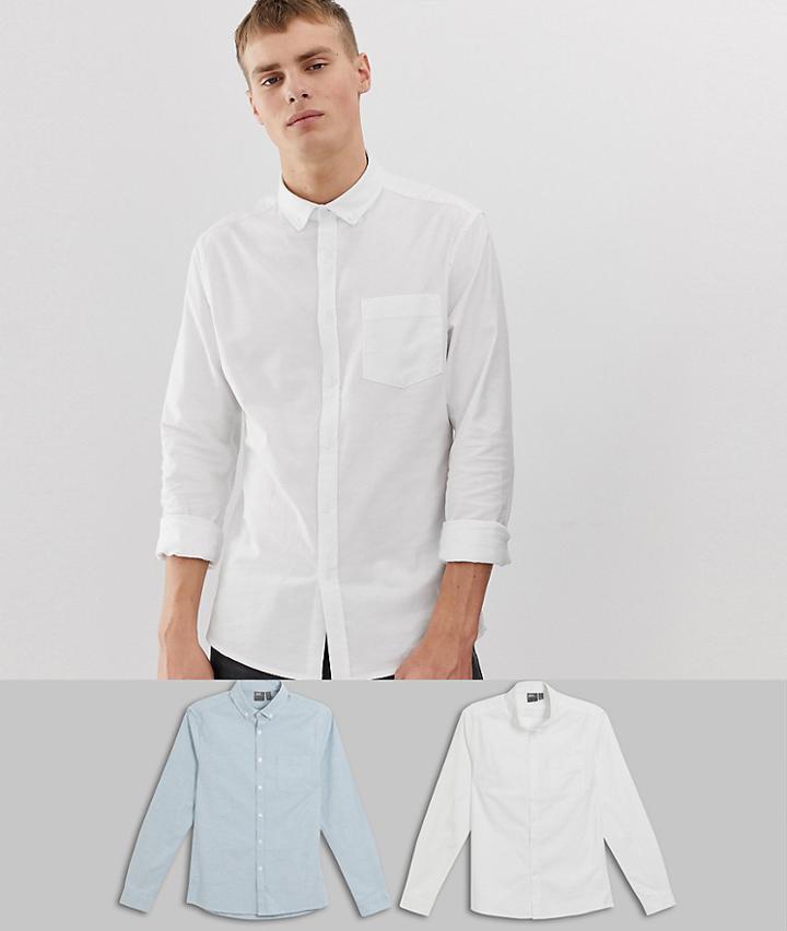 Asos Design Skinny Fit Oxford Shirt 2 Pack In White & Blue Save - Multi