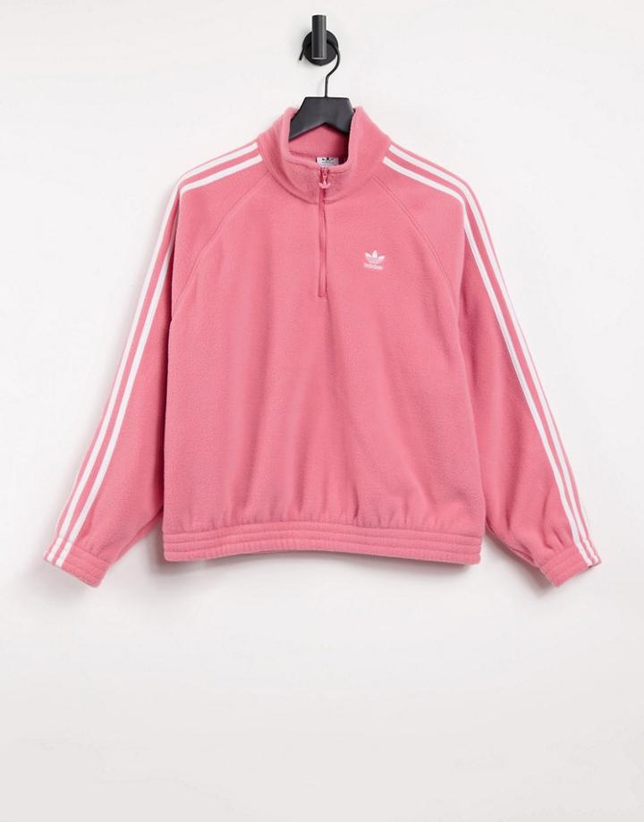 Adidas Originals Adicolor Three Stripe Quarter Zip Fleece Sweatshirt In Hazy Rose-pink