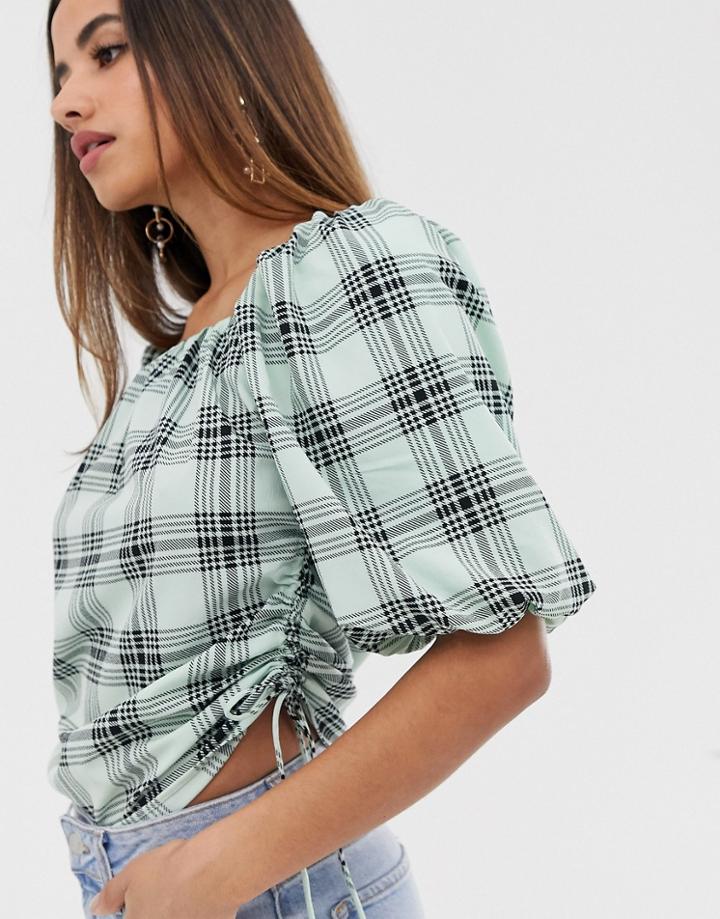 Asos Design Puff Sleeve Top In Check Print - Multi