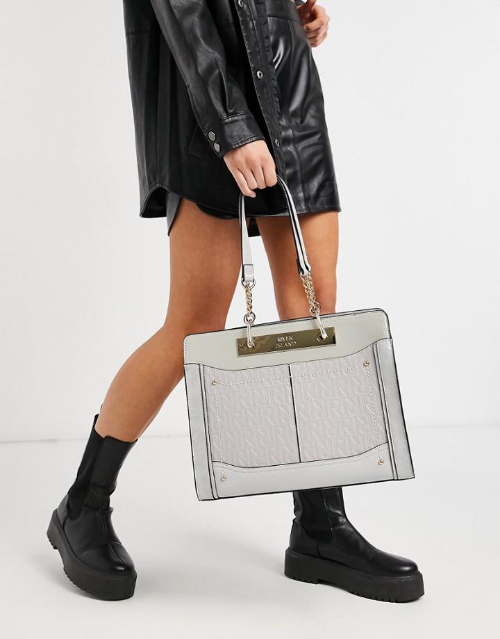 River Island Embossed Monogram Chain Tote Bag In Gray-grey