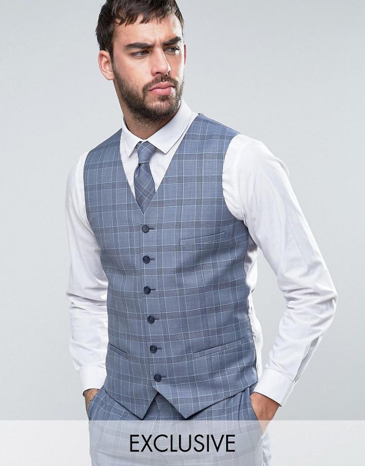 Heart & Dagger Slim Vest In Summer Wedding Check - Blue
