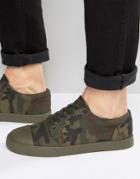 Asos Lace Up Sneakers In Camo Canvas With Toe Cap - Green