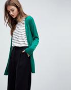 Asos Cardigan In Fine Knit With Rib Detail - Green