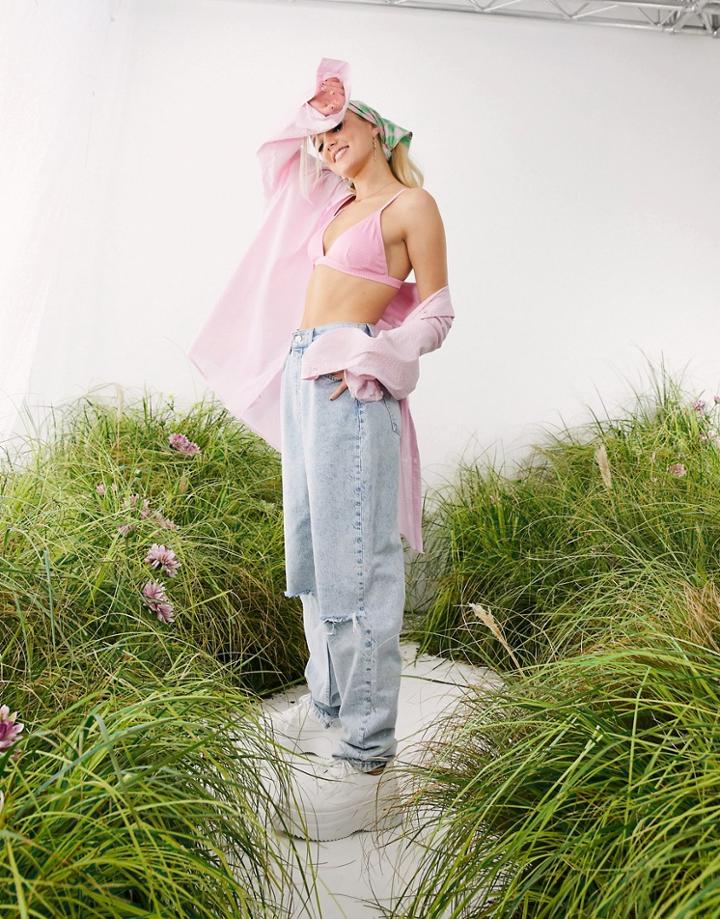 Asos Design Organic High Rise 'slouchy' Extreme Rip Mom Jeans In Lightwash-blues
