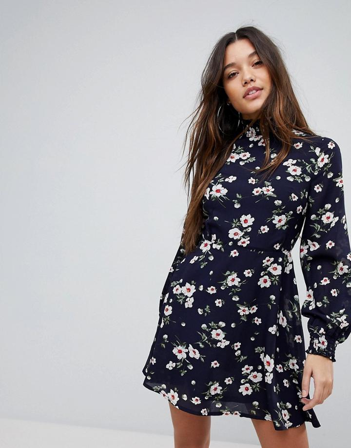 Prettylittlething High Neck Floral Dress - Navy