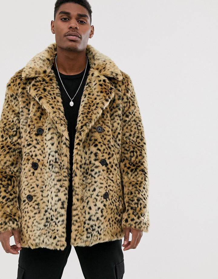 Asos Design Double Breasted Faux Fur Peacoat In Leopard Print - Brown