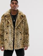 Asos Design Double Breasted Faux Fur Peacoat In Leopard Print - Brown
