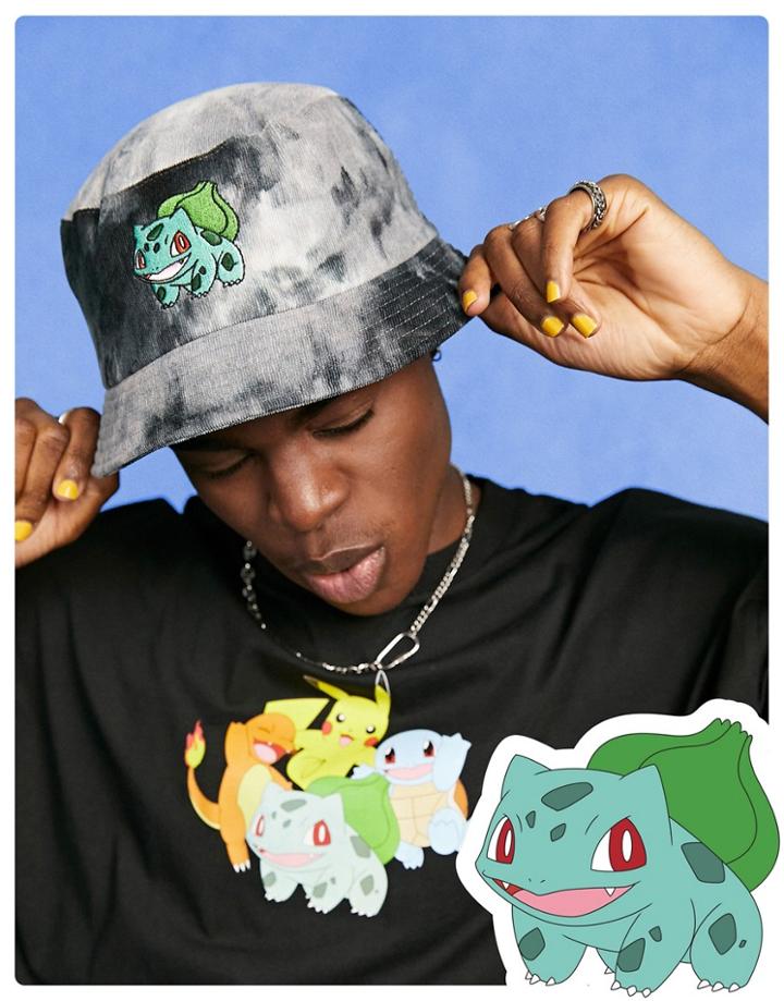 Asos Design Unisex Pokemon Bucket Hat With Bulbasaur Embroidery In Tie Dye Cord-multi