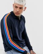 Asos Design Long Sleeve Polo Shirt With Rainbow Taping In Navy - Navy