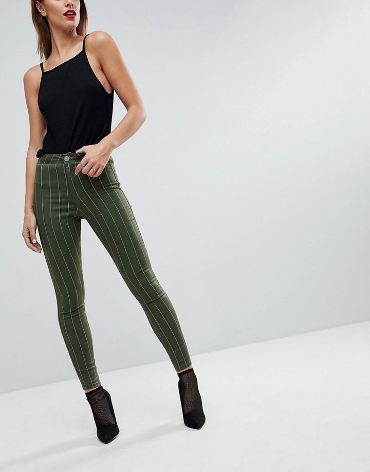 Asos Rivington High Waisted Denim Jeggings In Khaki With Neon Pink Stripe Print-green