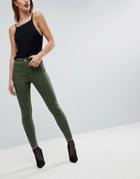 Asos Rivington High Waisted Denim Jeggings In Khaki With Neon Pink Stripe Print-green