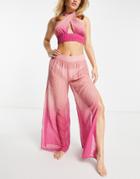 River Island Sequin Ombre Fringed Palazzo Beach Pants In Bright Pink