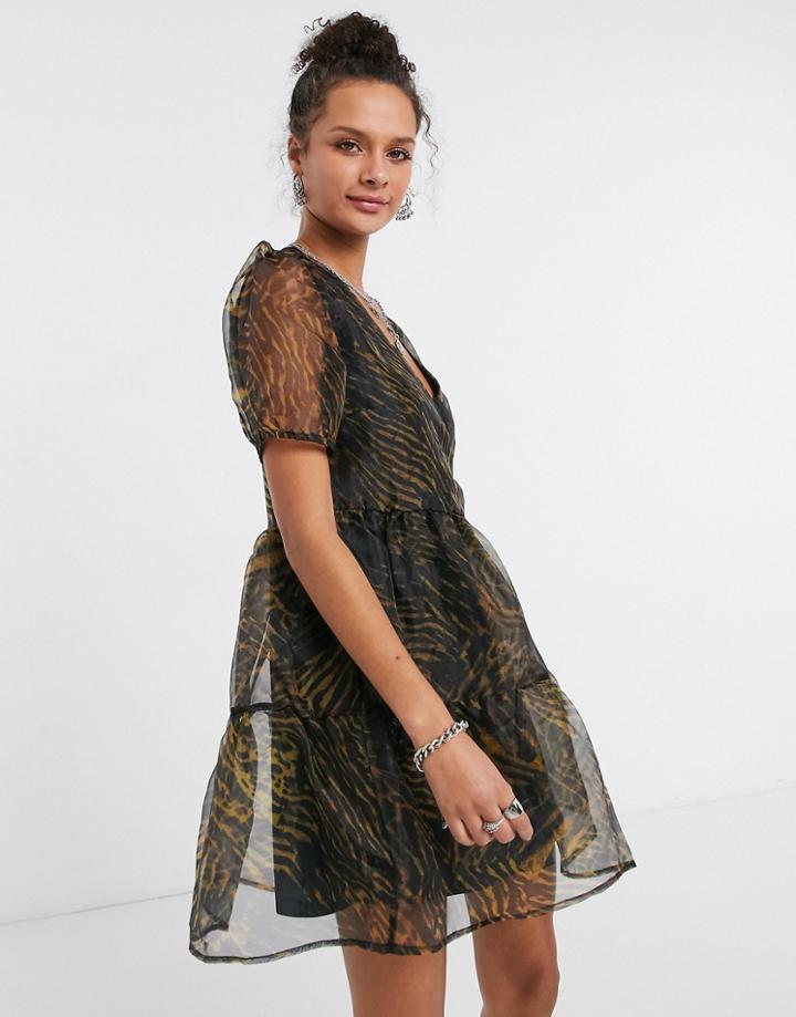 Vila Organza Tiered Smock Dress In Animal-multi