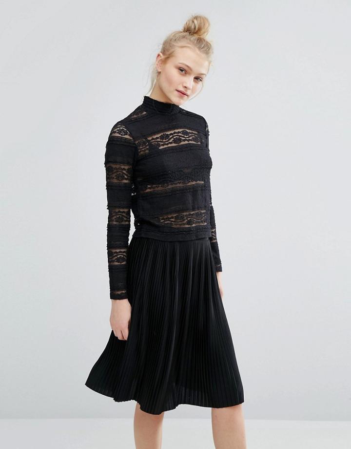 Monki High Neck Lace Top - Black