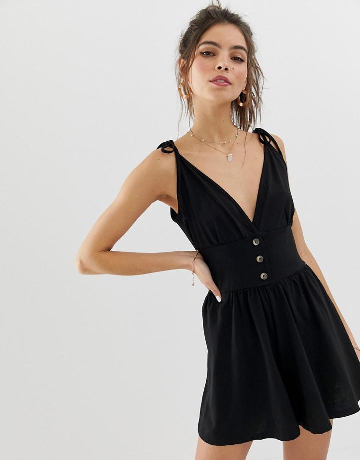 Asos Design Button Front Romper With Tie Straps-black