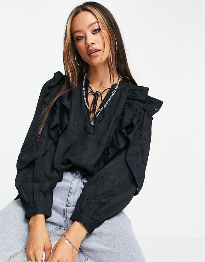 Topshop Frill Oversized Jacquard Blouse In Black