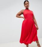 Asos Design Curve Pleated Midi Dress With Ruffle Open Back - Red