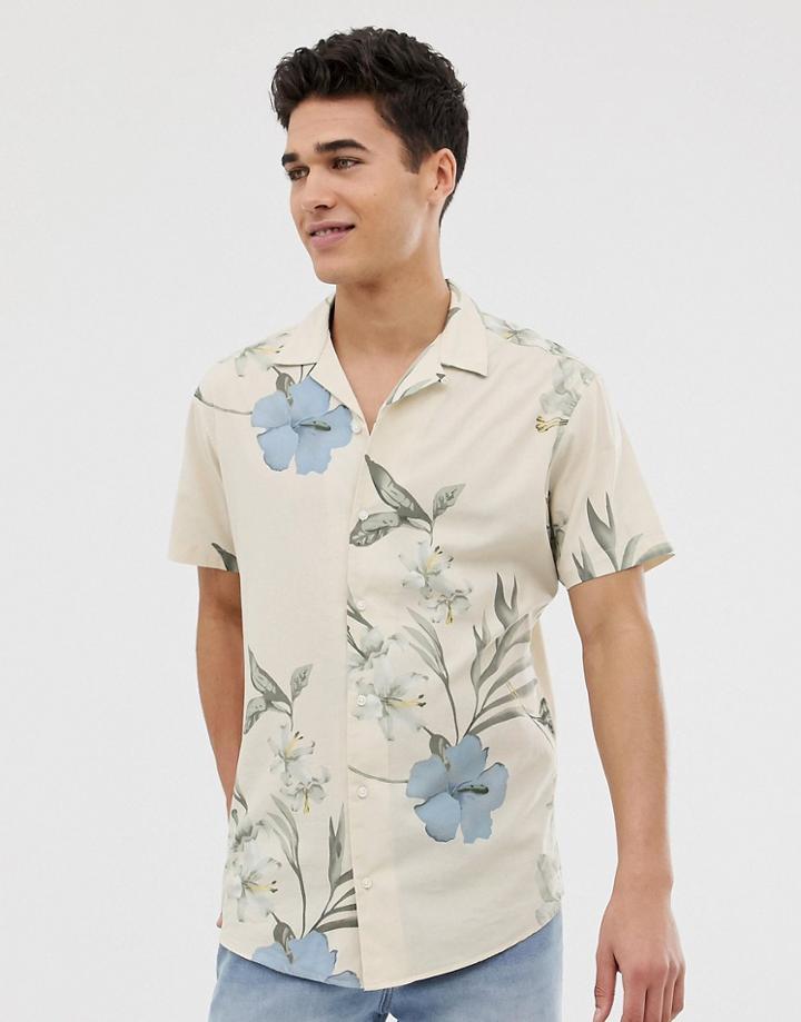 Jack & Jones Premium Short Sleeve Slim Fit Shirt In White Floral Print - White