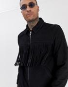 Asos Design Suede Zip Through Jacket With Tassels In Black - Black