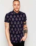 Asos Shirt With Batik Style Print In Short Sleeve - Navy