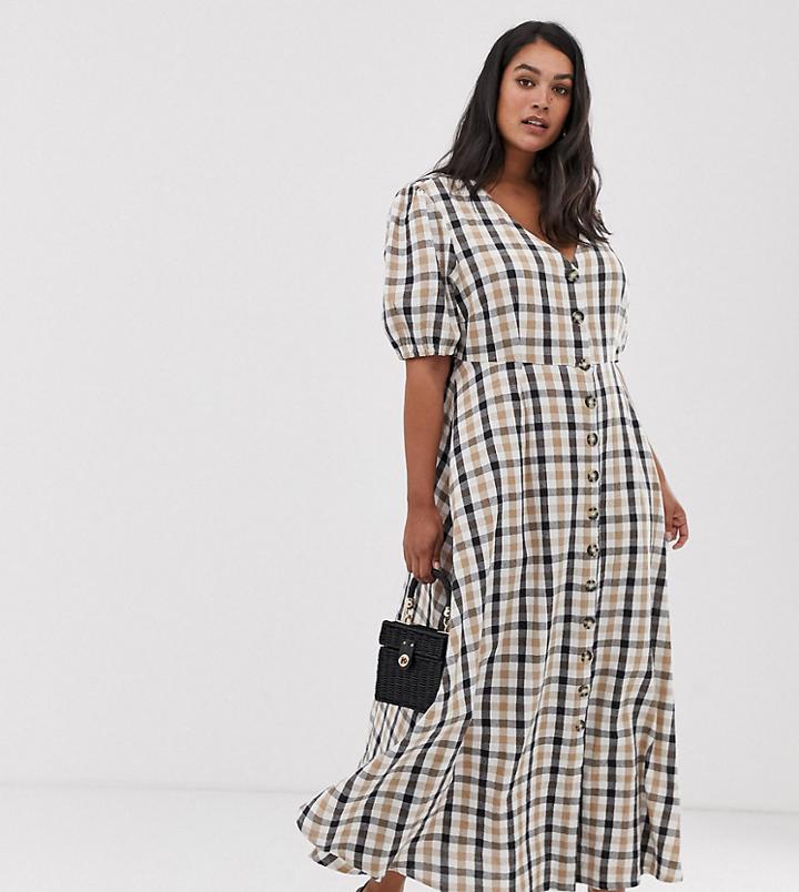 Neon Rose Plus Maxi Tea Dress With Puff Sleeves In Bold Check - Brown