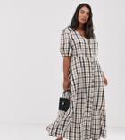 Neon Rose Plus Maxi Tea Dress With Puff Sleeves In Bold Check - Brown