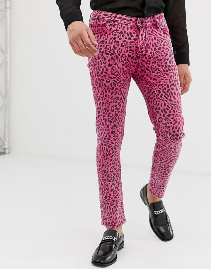 Asos Design Skinny Jeans In Acid Pink Animal Print