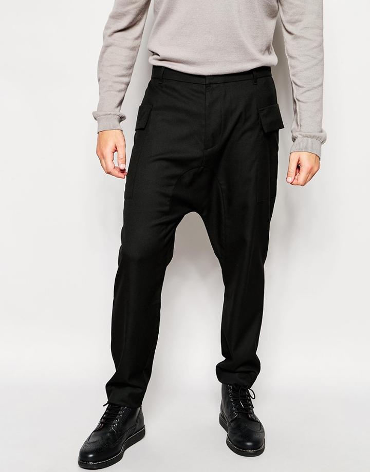 Asos Smart Cropped Pants With Drop Crotch And Side Pockets - Black