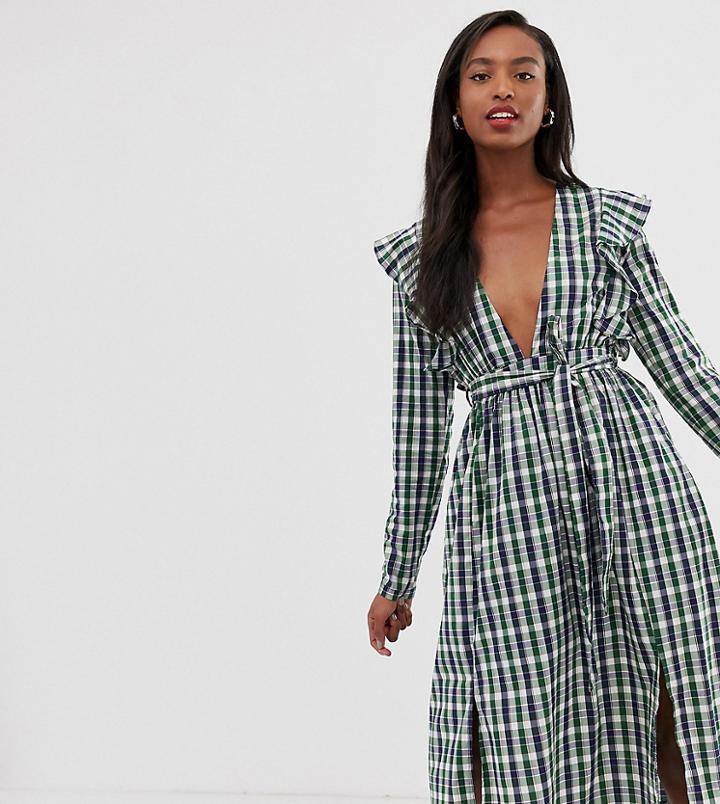 Glamorous Tall Midi Dress With Ruffle Shoulders In Gingham