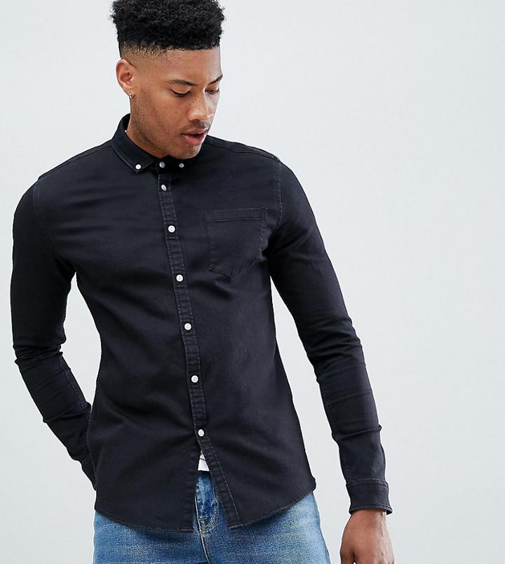 Asos Design Tall Stretch Slim Denim Shirt In Black - Black