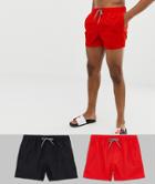 Asos Design Swim Shorts 2 Pack In Red & Black Short Length Save - Multi