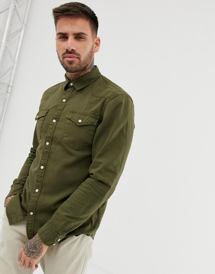 Pull & Bear Denim Shirt In Olive - Green