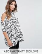 Asos Maternity Top With Cold Shoulder And High Neck In Scratchy Abstract Print - Multi