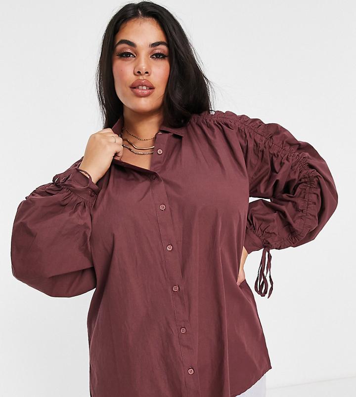 Influence Plus Tie Sleeve Shirt In Brown
