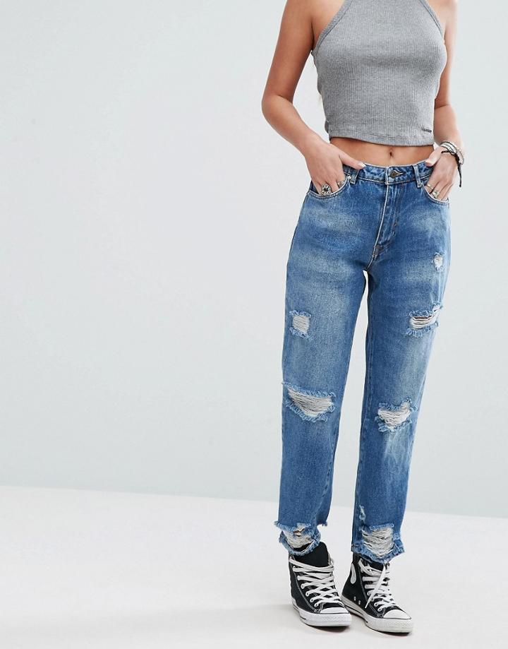 Pull & Bear Ripped Mom Jeans - Blue