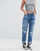 Pull & Bear Ripped Mom Jeans - Blue