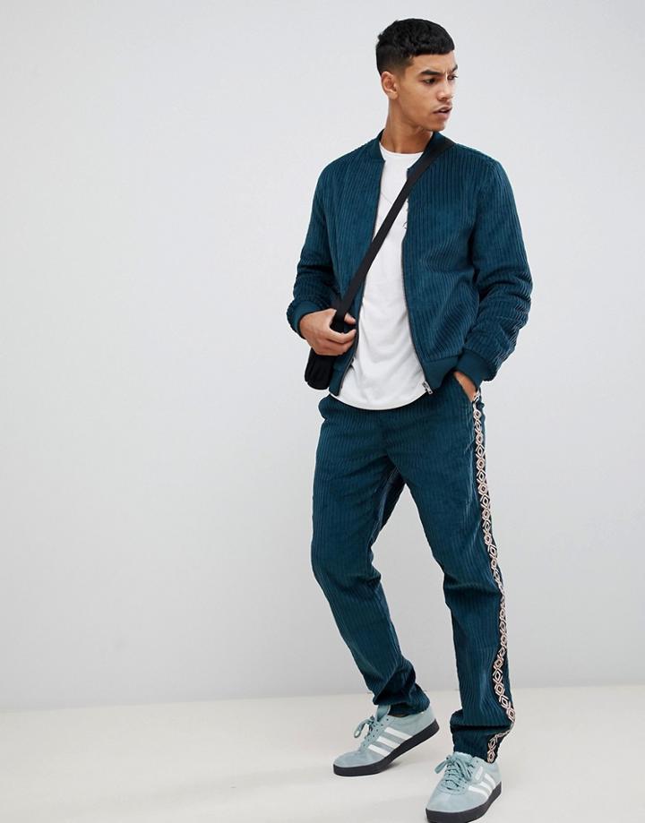 Asos Design Two-piece Slim Pants In Teal Cord With Geo-tribal Side Taping - Green