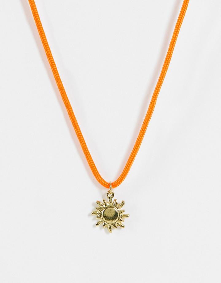 Asos Design Slim Cord Neckchain With Sun Pendant In Orange And Gold Tone