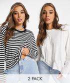 Monki Maja 2 Pack Organic Cotton Long Sleeve T-shirt In Black Stripe And White-multi