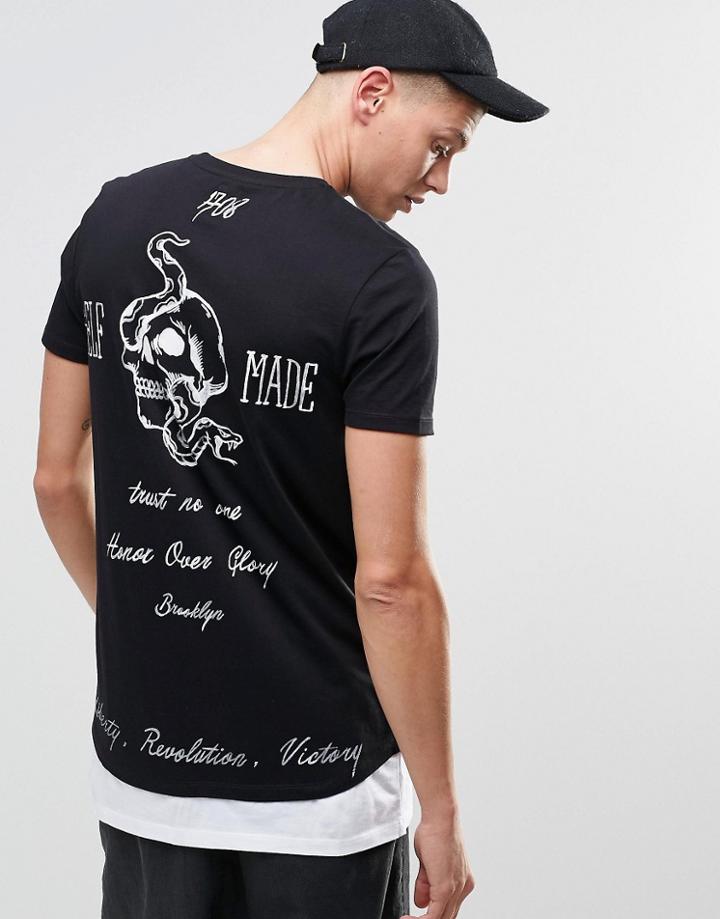 Asos Longline T-shirt With Skull Chest And Back Print With Hem Extender - Black