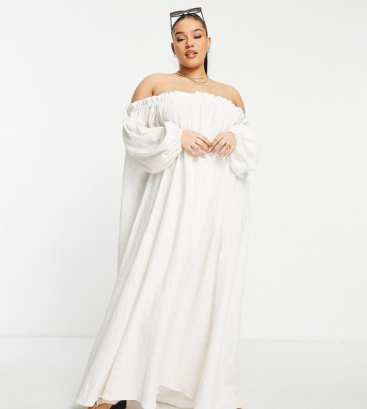 Asos Edition Curve Off Shoulder Midi Dress In Textured Check In Oatmeal-neutral