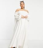 Asos Edition Curve Off Shoulder Midi Dress In Textured Check In Oatmeal-neutral