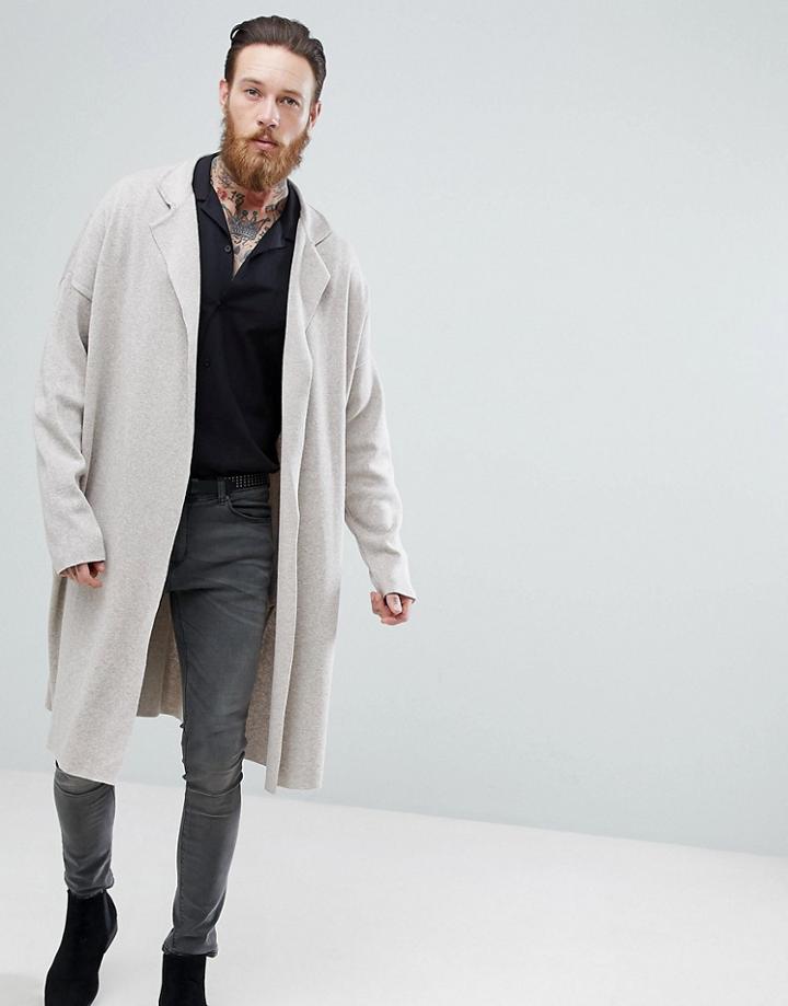 Asos Longline Knitted Duster Jacket In Oatmeal - Beige