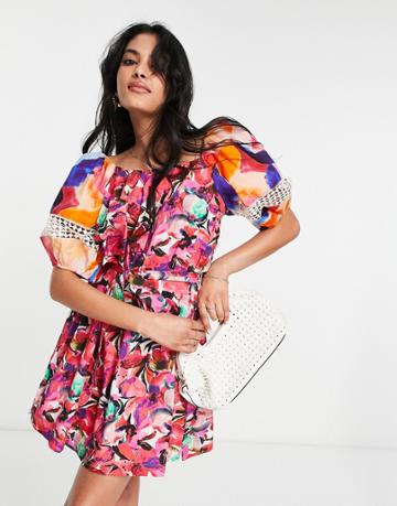 French Connection Cotton Mini Dress With Puff Sleeve In Contrast Prints - Pink