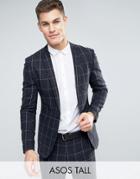 Asos Tall Super Skinny Suit Jacket In Navy Check With Nep - Navy